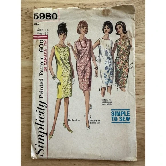 VTG Simplicity Simple To Sew Pattern 5980 Misses' One-Piece Dress Size 14 Cut - Picture 1 of 4
